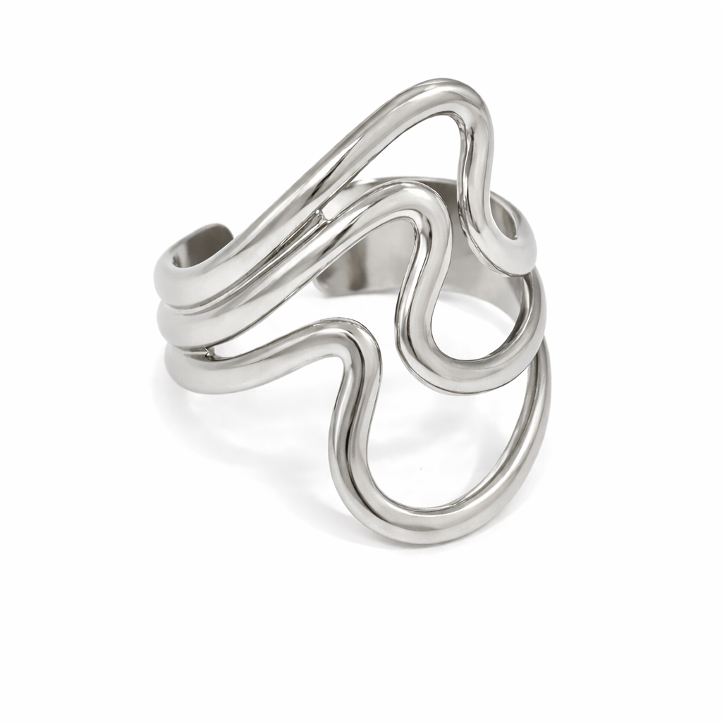 Stainless steel silver ring with a wavy design on a white background