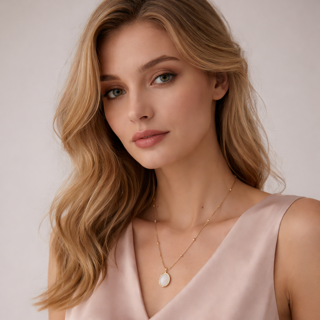 Woman wearing a necklace with a neutral background