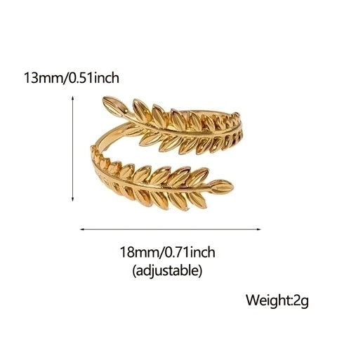 Gold leaf ring with measurements and weight details on a white background