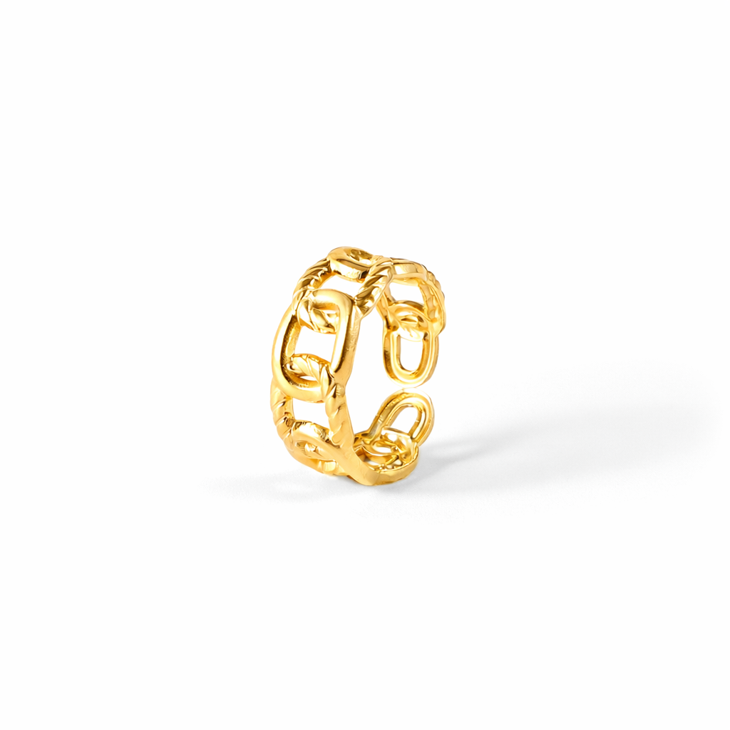 Gold chain-link ring on a white background