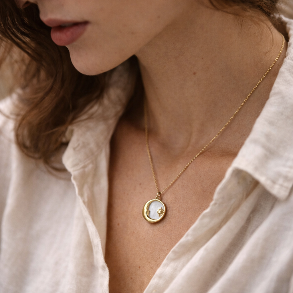 Close-up of a person wearing a gold necklace with a moon and sun pendant.