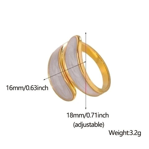 Gold stainless steel ring with measurement details on a white background