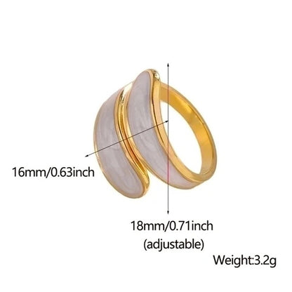 Gold stainless steel ring with measurement details on a white background