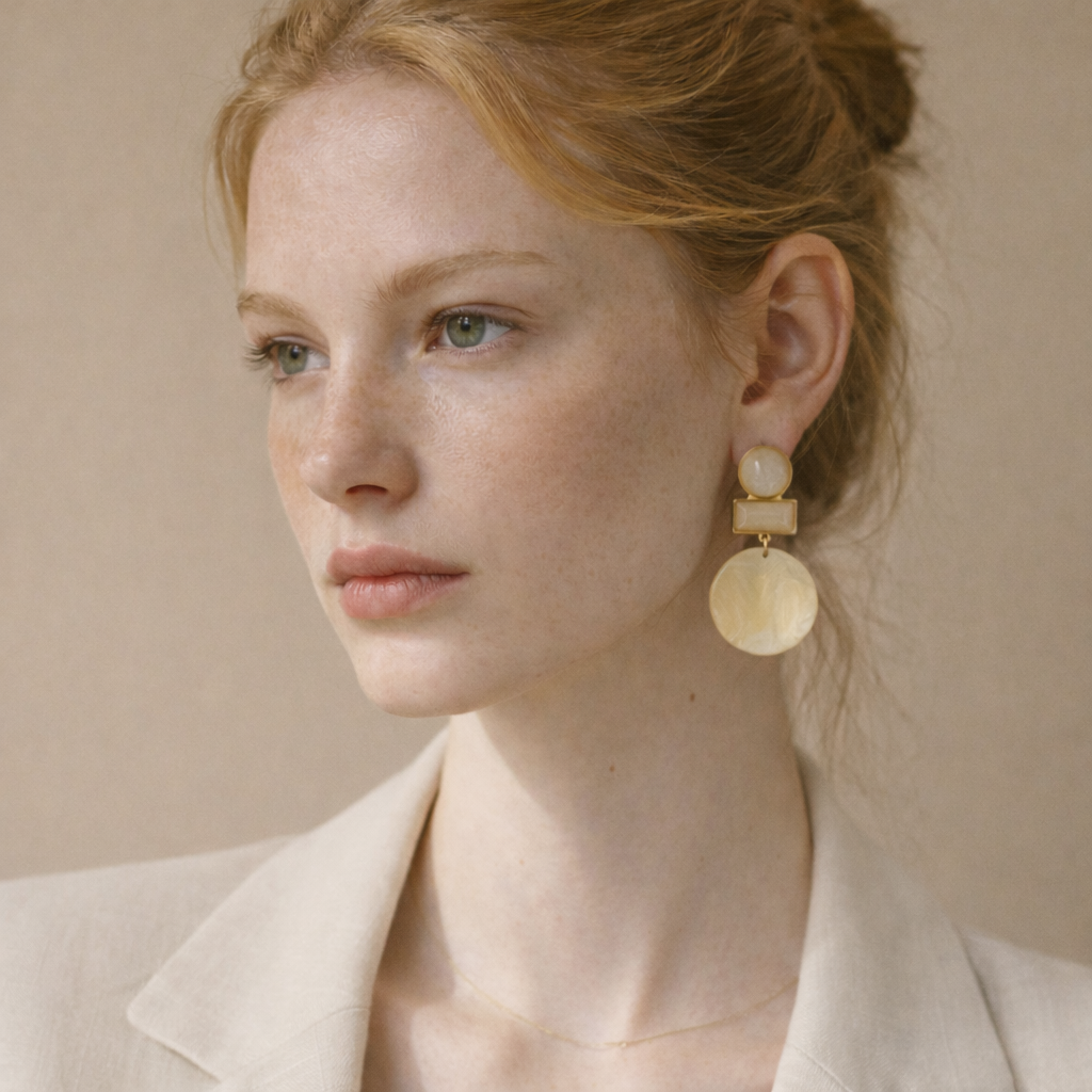Woman wearing gold statement earrings against a beige background