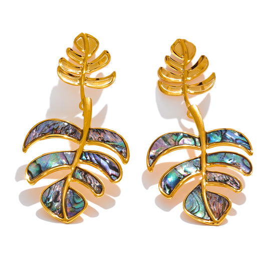Gold leaf statement earrings with abalone shell accents on a white background