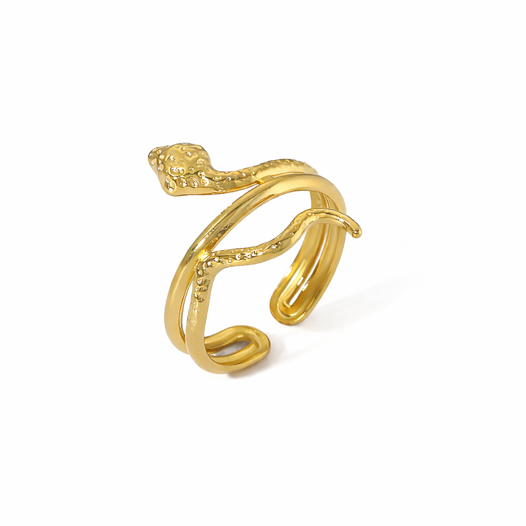 gold stainless steel ring with snake design on white background