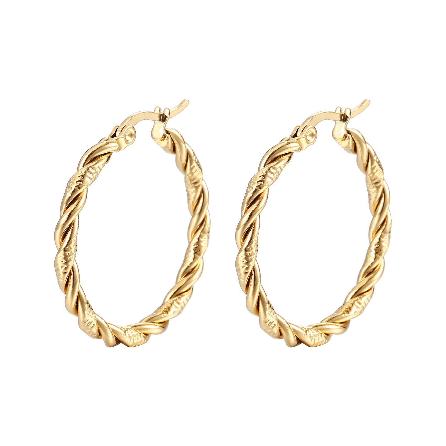 Pair of gold hoop earrings on a white background