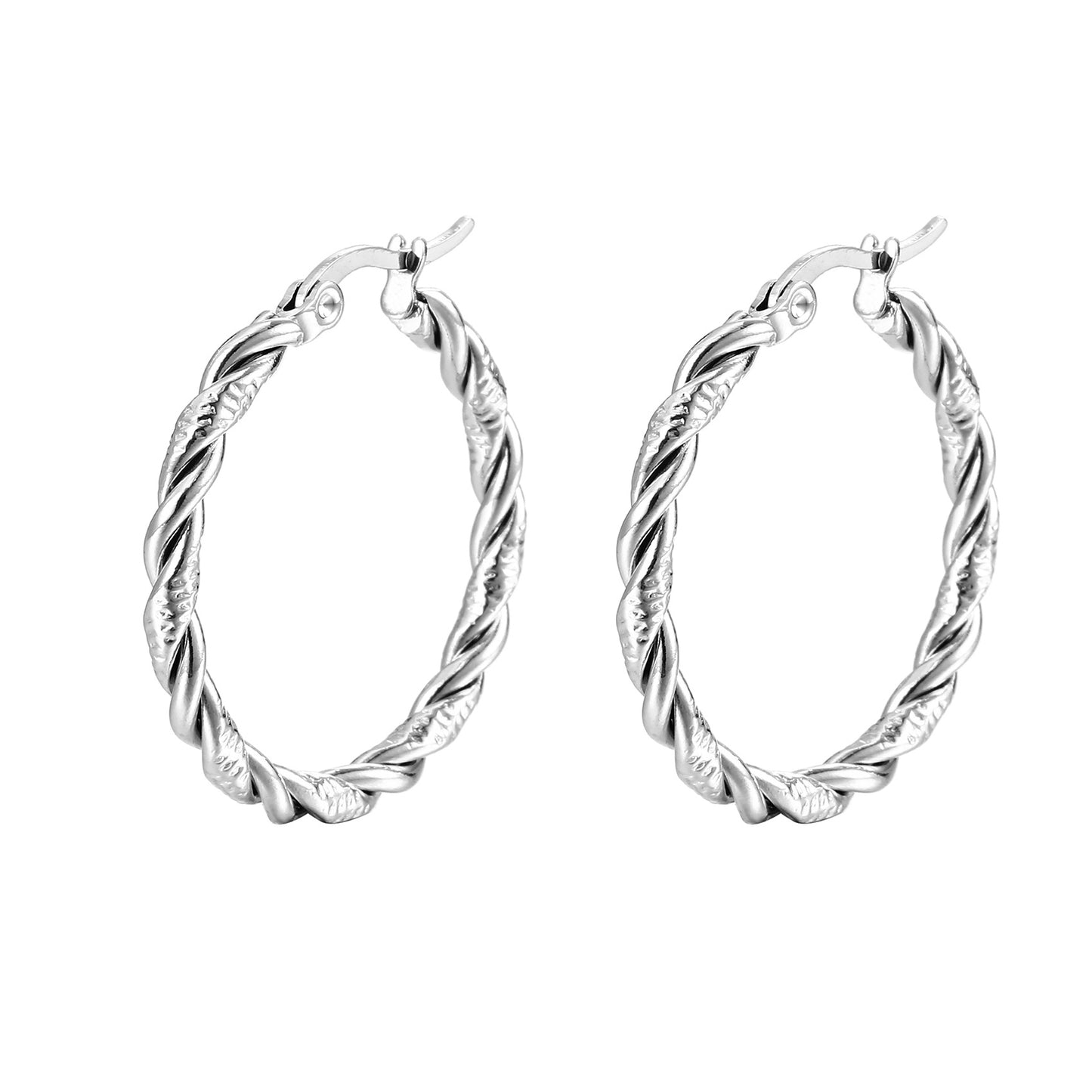 Pair of silver hoop earrings on a white background