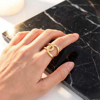 gold stainless steel ring on a hand