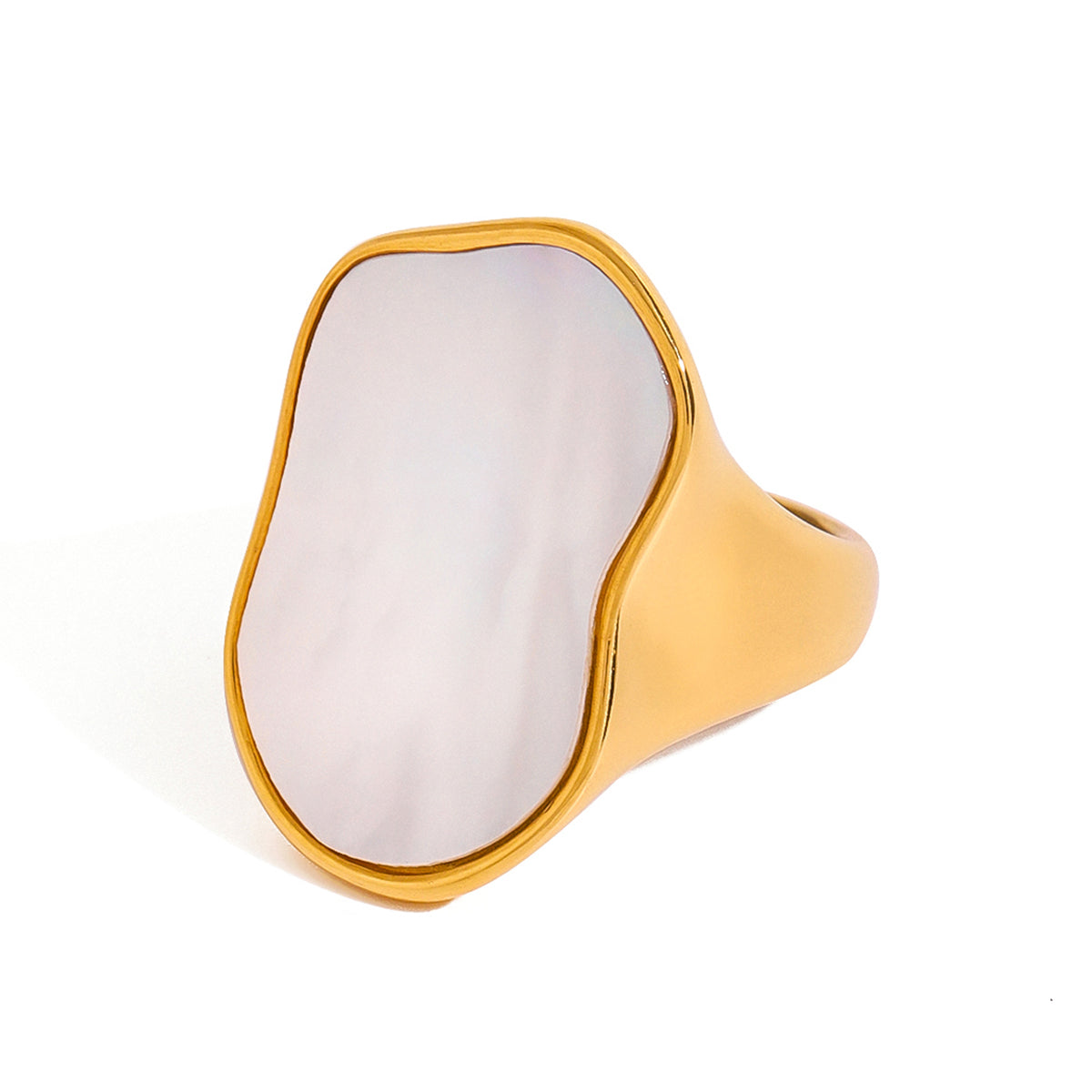 Gold ring with a white stone on a white background
