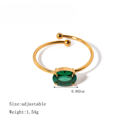 Gold ring with a green gemstone on a white background