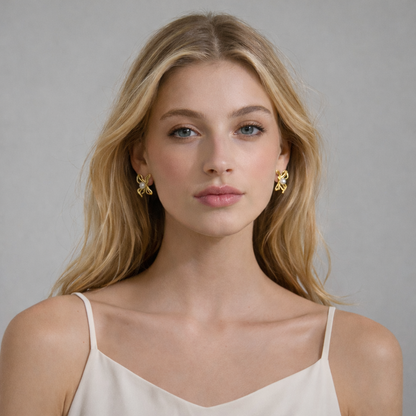 a woman wearing elegant gold studs in the shape of flower with pearl center