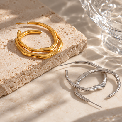 Organic Wave Hoop Earrings – 18K Gold Plated & Silver
