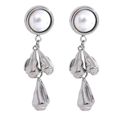 long silver stainless steel earrings with pearl