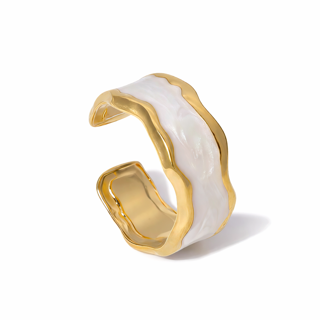 Gold and white stainless steel ring on a white background