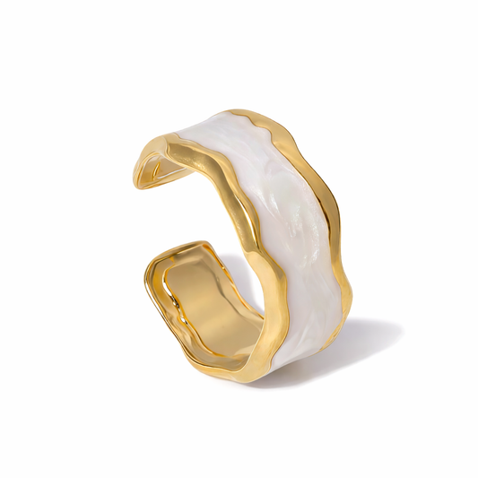 Gold and white stainless steel ring on a white background