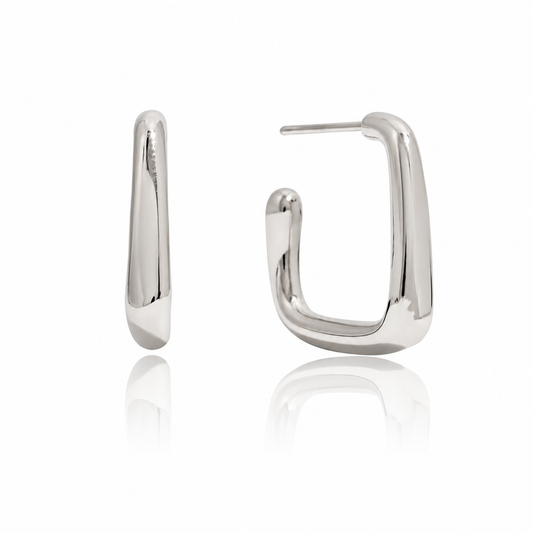 Silver rectangular hoop earrings made from waterproof stainless steel, featuring a polished finish and modern geometric design, Pola Grace.