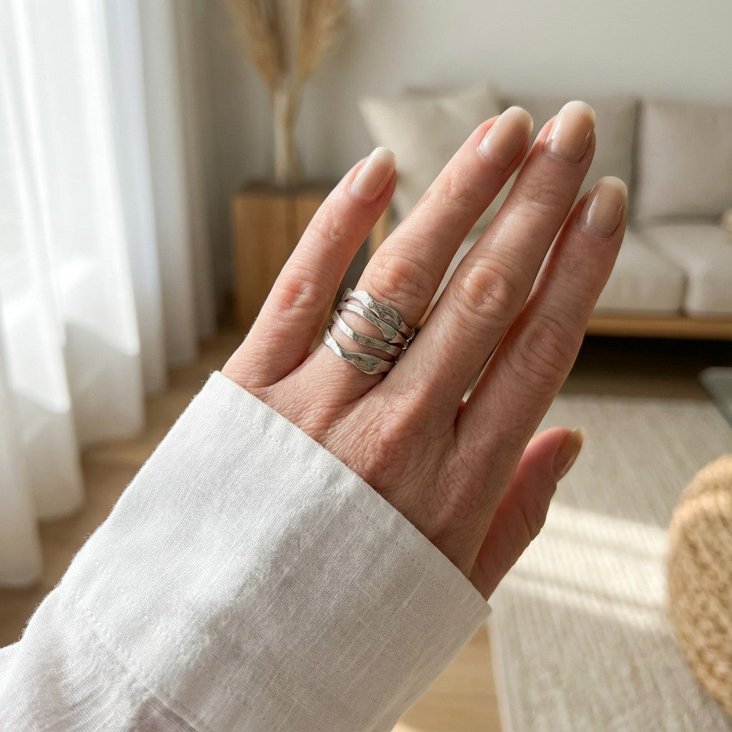Hand wearing a silver ring with a blurred indoor background