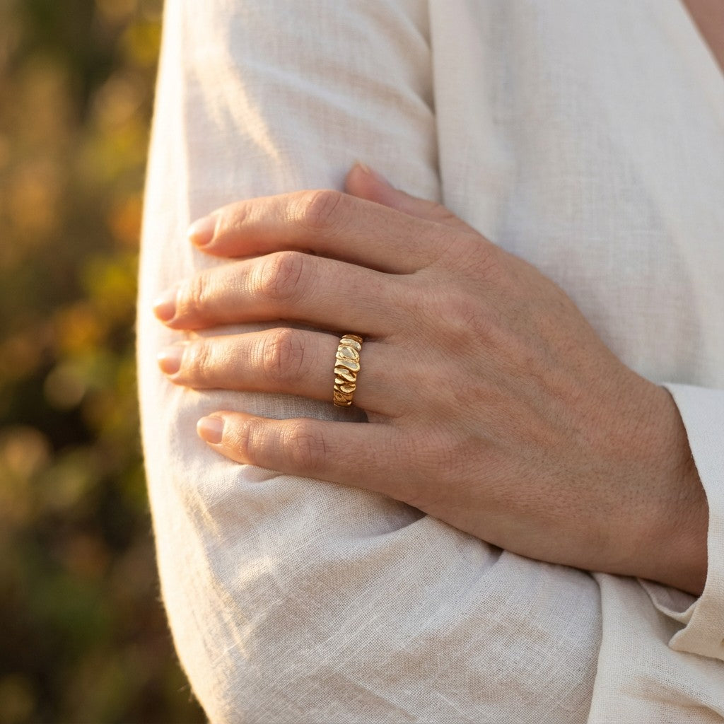 a person wearing a gold waterproof ring