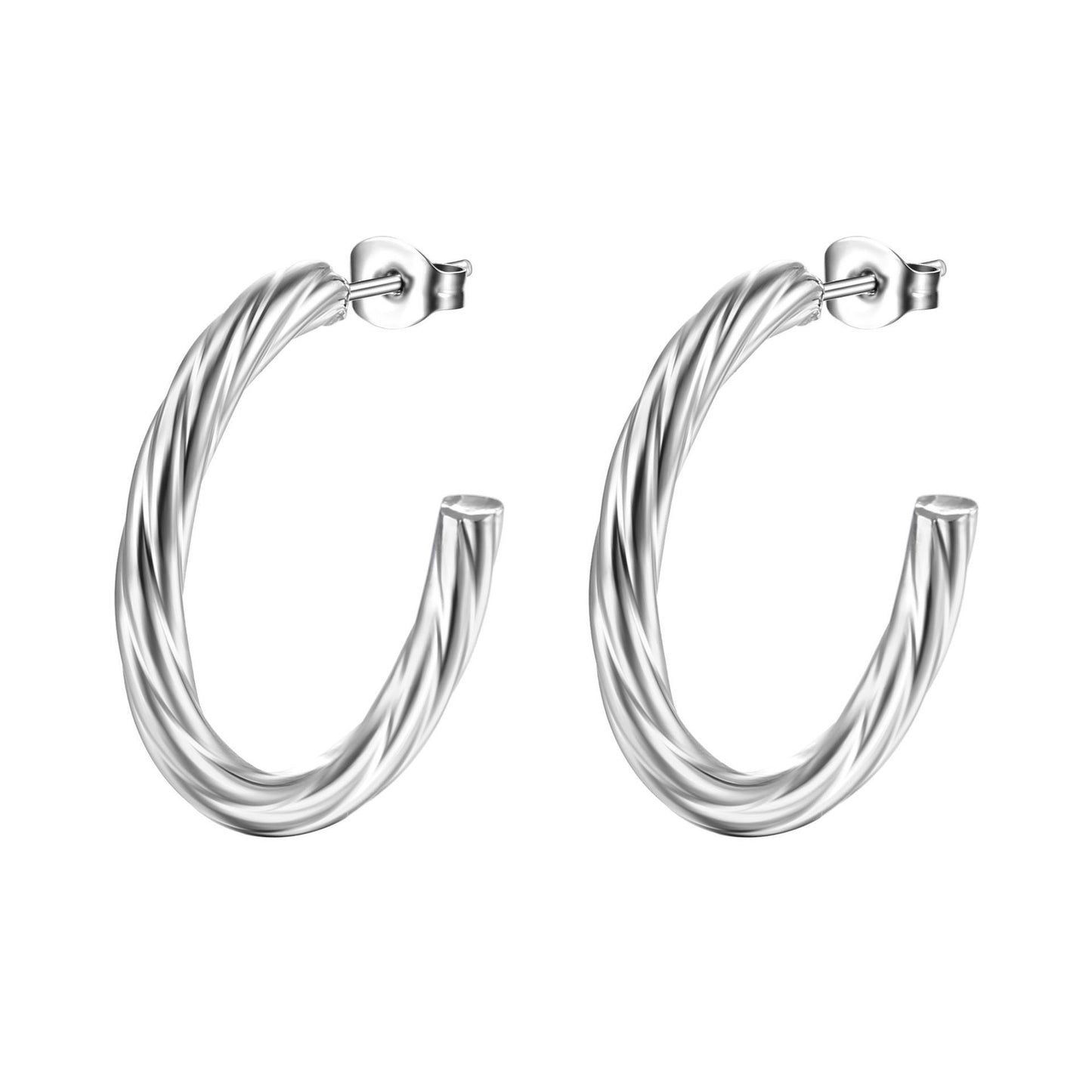 Pair of silver hoop earrings on a white background