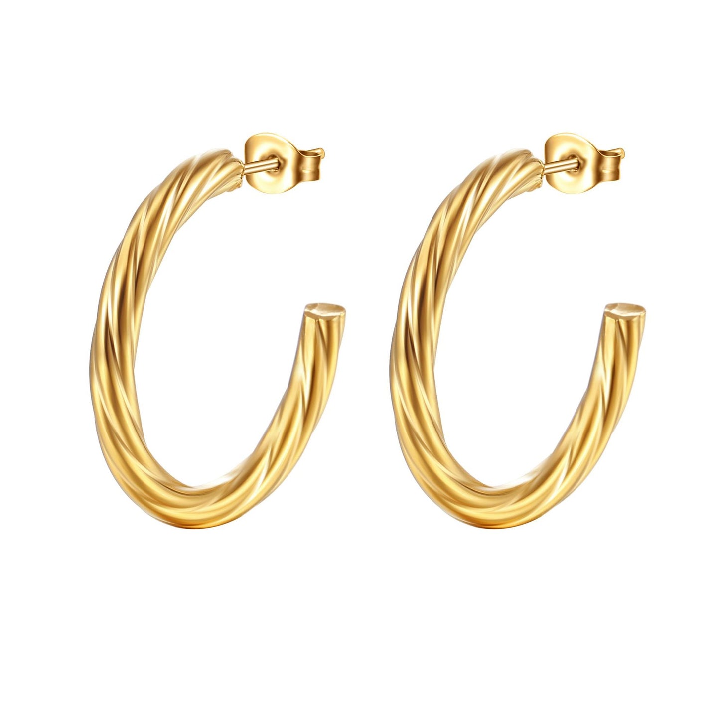 Gold hoop earrings on a white background