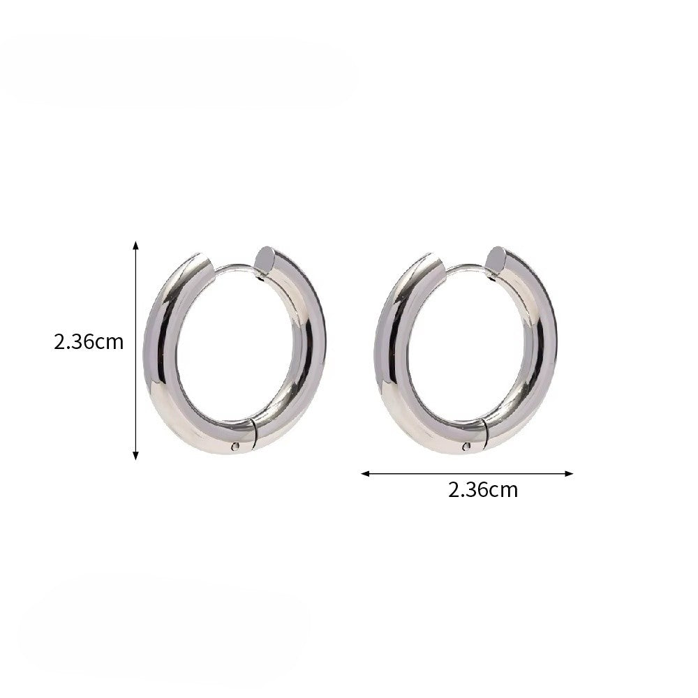 Pair of simple silver hoop earrings with measurements on a white background