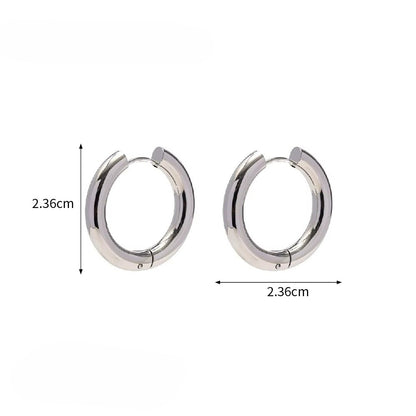 Pair of simple silver hoop earrings with measurements on a white background