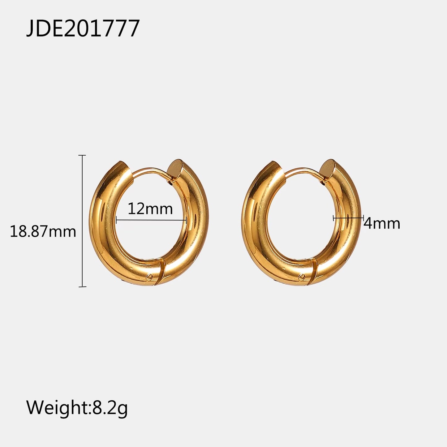 Gold tarnish-free hoop earrings with measurements on a white background