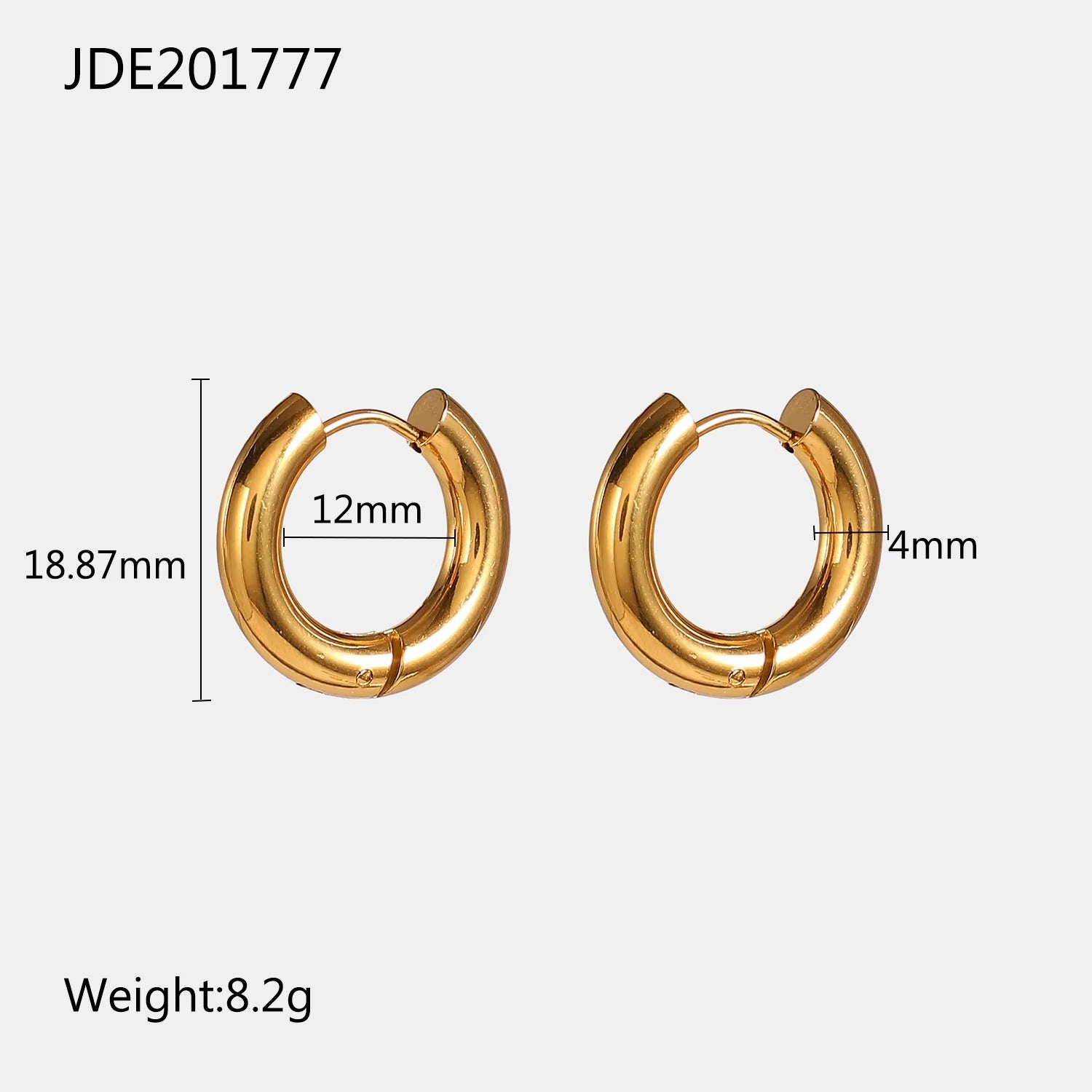 Gold tarnish-free hoop earrings with measurements on a white background