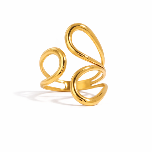 Gold open ring with a modern design on a white background