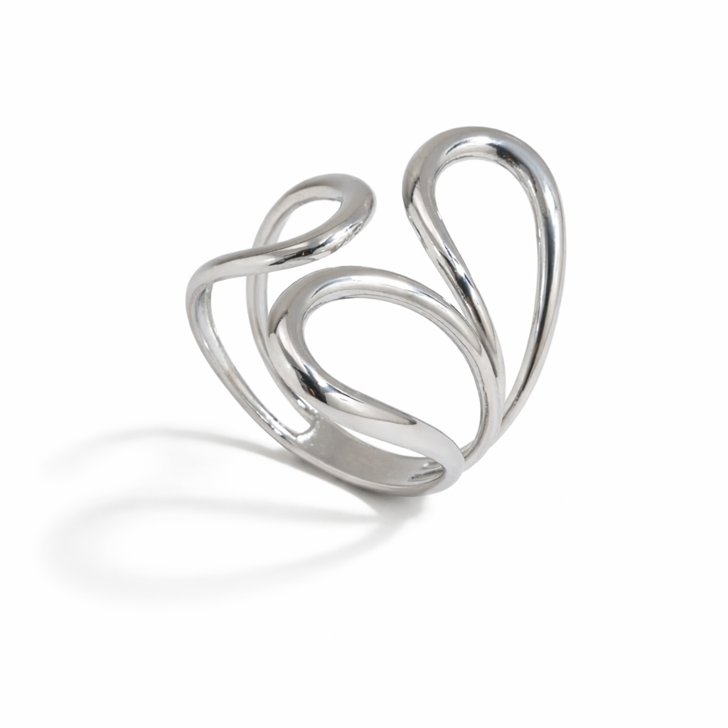 Silver stainless steel ring with a modern design on a white background