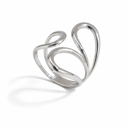 Silver stainless steel ring with a modern design on a white background