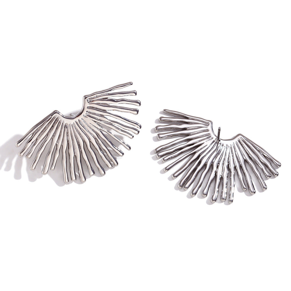 Pair of silver fan-shaped earrings on a white background