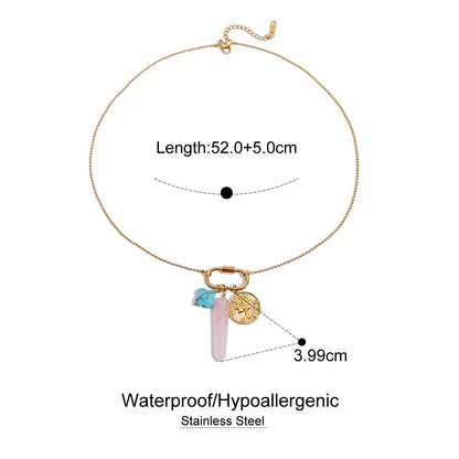 Necklace with charms and measurements on a white background