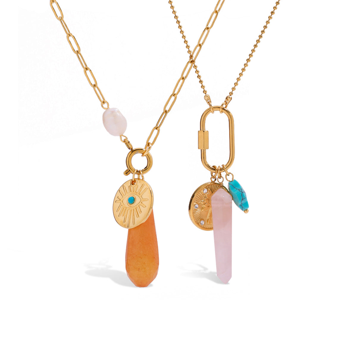 Two gold necklaces with various pendants on a white background