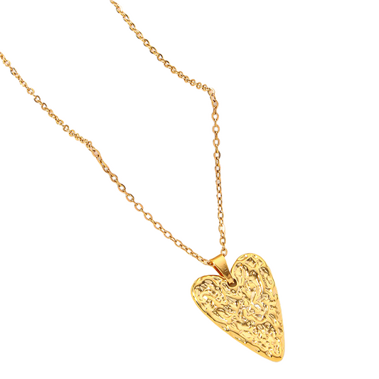 Gold stainless steel heart-shaped pendant necklace on a white background