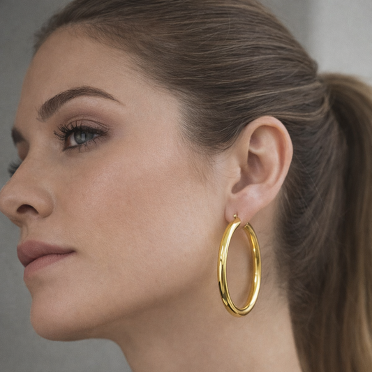 Close-up of a woman wearing gold hoop earrings with a neutral background