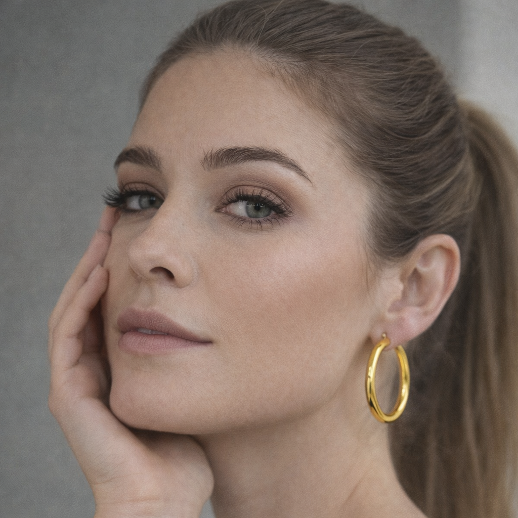 Woman wearing gold stainless steel hoop earrings with a neutral background