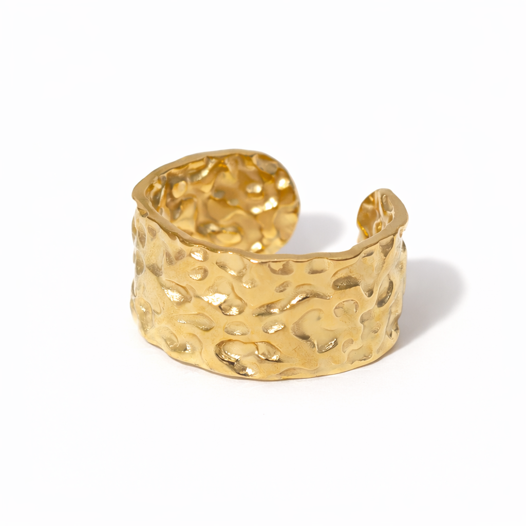 Gold stainless steel ring on a white background