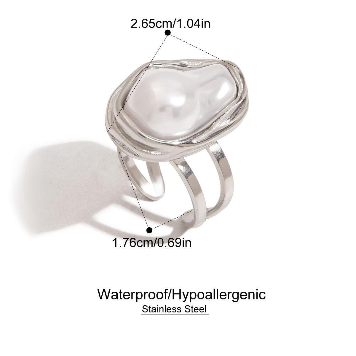 Silver stainless steel ring with a large pearl-like stone, showing measurements and material details on a white background.
