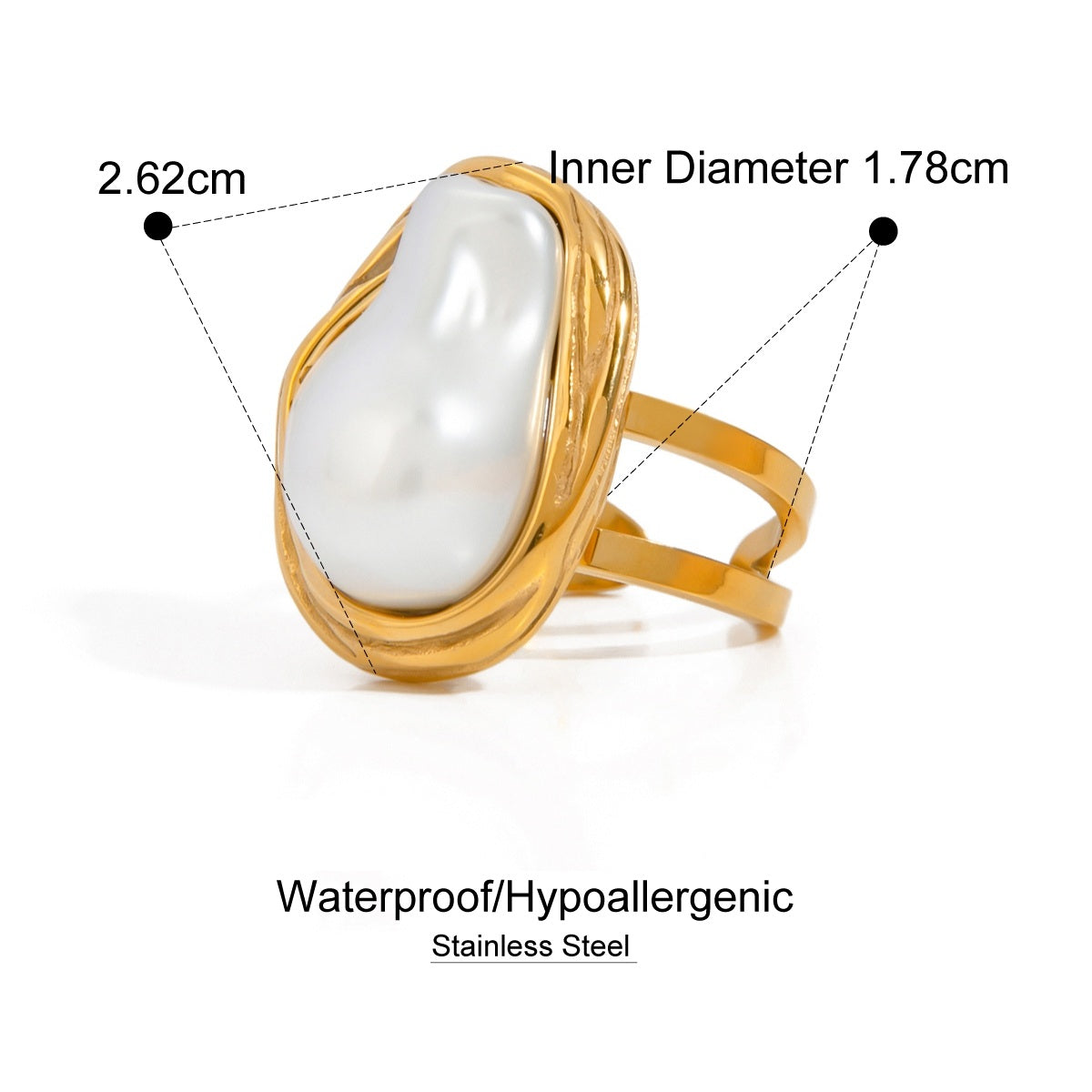 Gold chunky ring with a white pearl, showing measurements and material details on a white background.