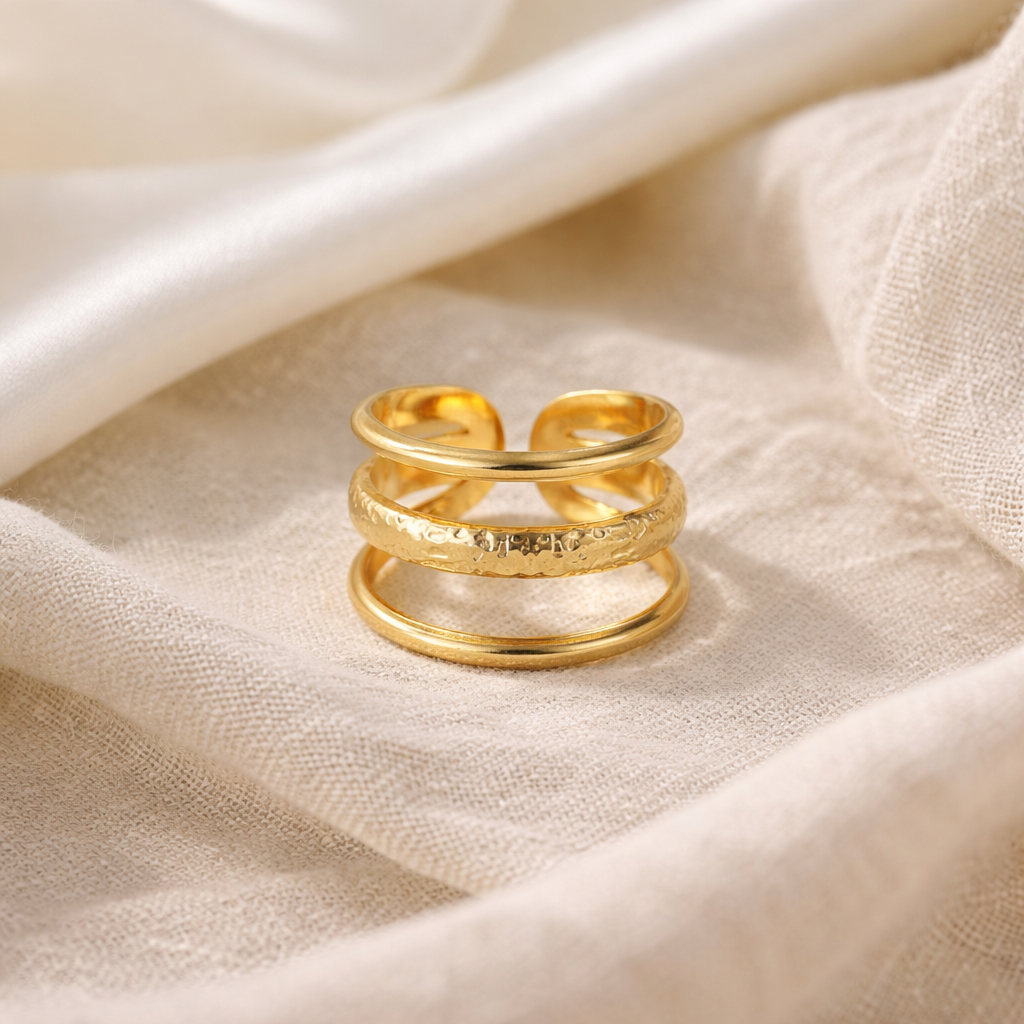 Waterproof ring in gold color on satin fabric
