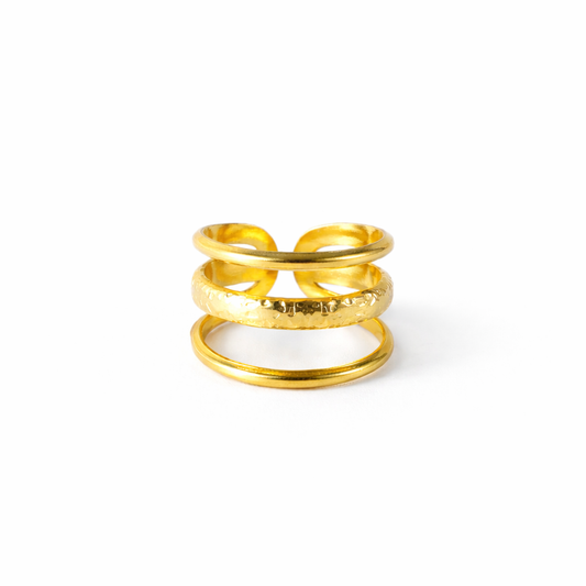 Gold stainless steel ring on white background