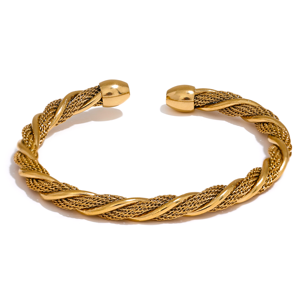 Gold stainless steel braided bangle on a white background