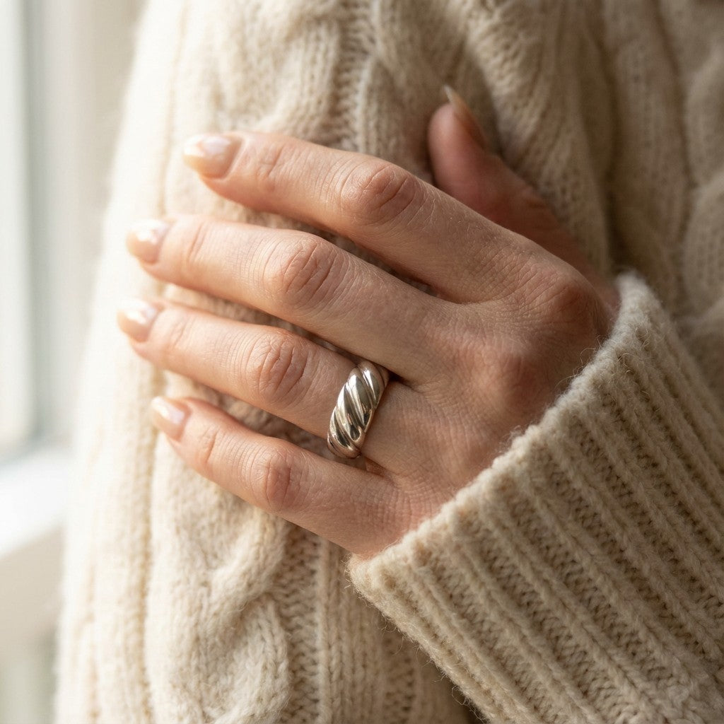 person wearing silver waterproof ring with minimalist design