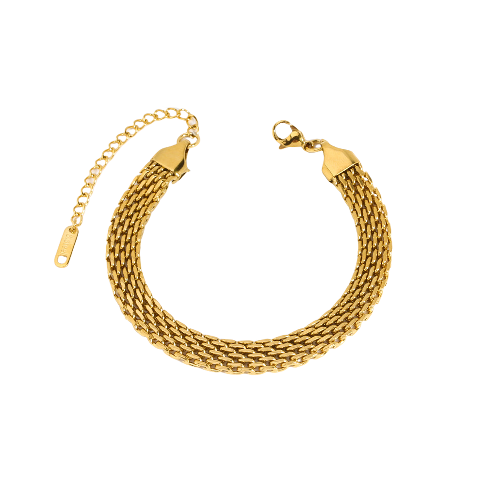 Gold stainless steel chain bracelet on a white background