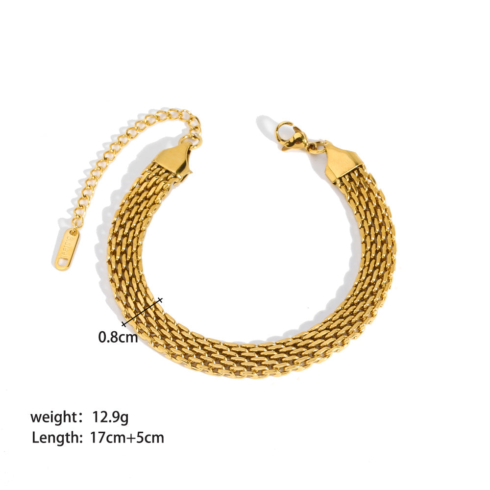 Gold chain bracelet with measurements on a white background