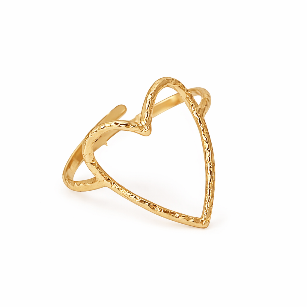 Gold heart-shaped ring on a white background